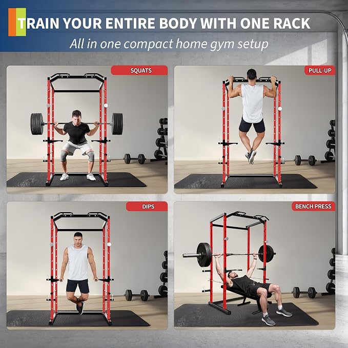 GarveeLife Compact Power Cage for Home Gym, 1100 LB Capacity Power Rack with Pull-Up Bar, Dip Station, Safety Bars & Weight Plate Storage, Squat Rack for Garage Gym