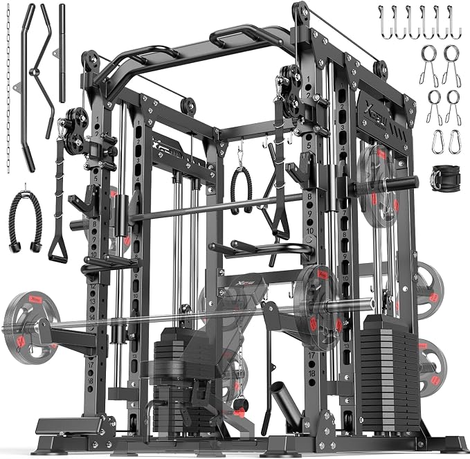 XGSW Smith Machine with Weight Stack, Multi-Function Squat Rack Power Cage with Cable Crossover System, for Home Gym