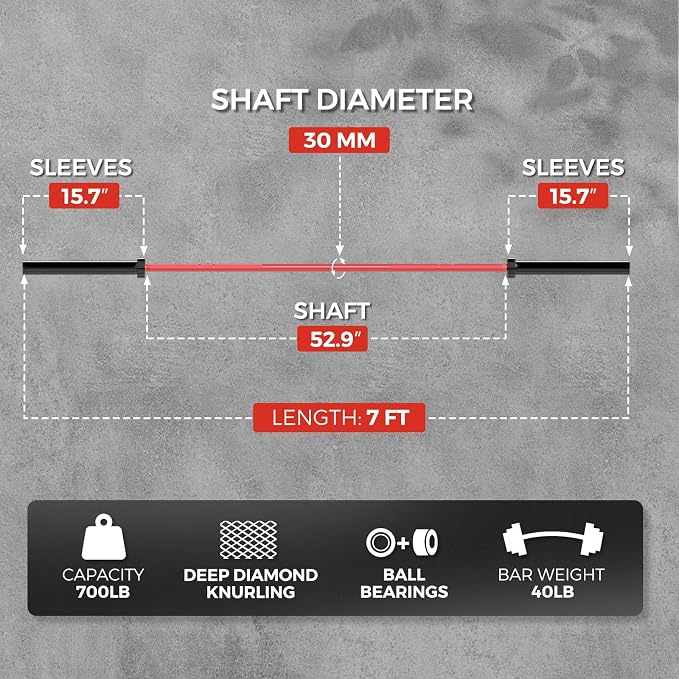 7FT Alloy Steel Olympic Barbell, 700LB 40LB | 30mm knurled grip bar with rotating sleeves, chrome finish, 2-inch plate fit, and 700LB capacity for home gym lifts