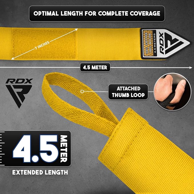 RDX Boxing Hand Wraps 4.5M / 180 Inches – Mexican Style Semi-Elastic MMA Inner Gloves - Wrist Support for Muay Thai, Kickboxing, BJJ, Karate - Thumb Loop & Hook and Loop Closure - Cotton & Nylon Blend
