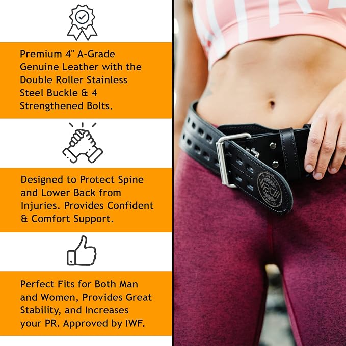 WARM BODY COLD MIND Leather Weight Lifting Belt 4" Adjustable Belt with Buckle for Workout, Squats, Gym, Powerlifting, Olympic Weightlifting, Strength Training. Waist/Back Support