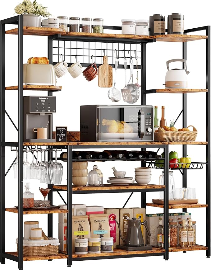 IRONCK 62.4-Inch Bakers Rack with Power Outlets and Wine Storage | 62.4-inch wide bakers rack combines 5 shelves, 3 AC outlets, a wine rack, basket, and S-hooks.