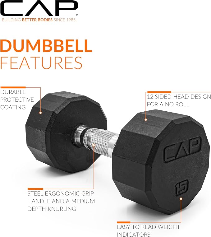 CAP Rubber Coated Dumbbell Weights, Free Weights for Home Gym Strength Training, Anti-Roll Hex Dumbbells with Black, Chrome & Comfort Grip Handles, Pairs & Sets