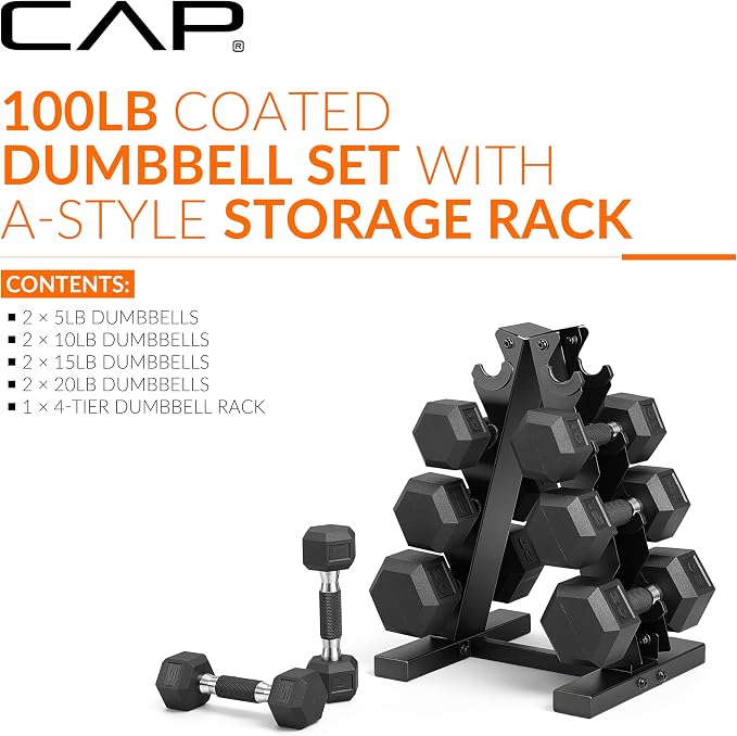 CAP Rubber Coated Hex Dumbbell Set with Storage Rack | 100–210 lb Options, Space-Saving Vertical Compact Storage for Home Gym Strength Training