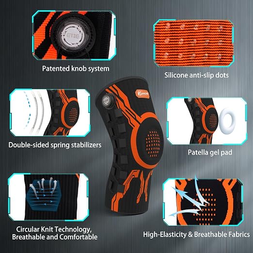 Kuangmi Knob Knee Brace for Pain Relief, Knee Support with Patella Gel Pad & Side Stabilizers, Compression Knee Sleeve for Workout, Arthritis, Joint Pain, Meniscus Tear (Orange Black,Left,Large,Single)
