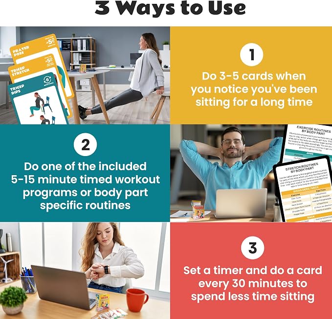 75 Desk Workout Cards – Move More at Work with 50 Easy Bodyweight Exercises & 25 Stretches – Compact 3.5" x 2.5” Chair Exercise Cards for Home or Office - No Equipment Needed and Beginner Friendly