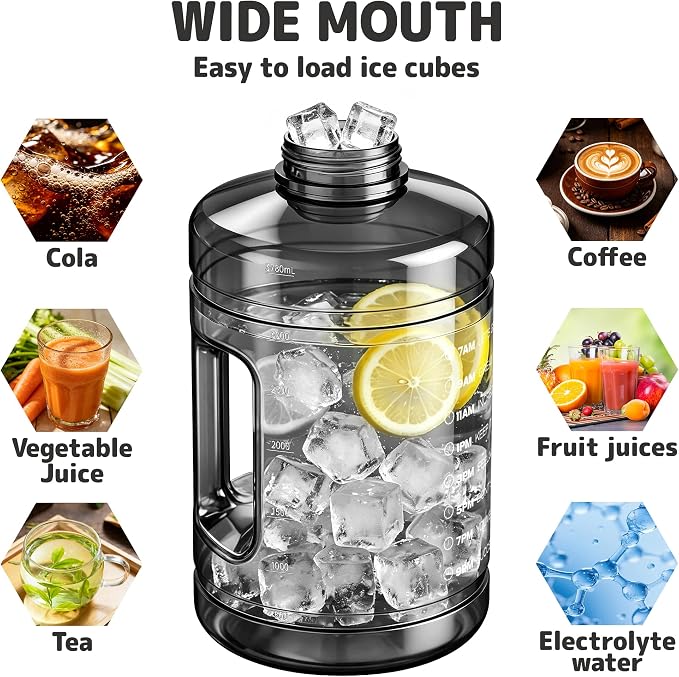 1 Gallon Water Bottle, Water Jug with Time Marker & Straw & Handle,2 Lids | BPA Free,Gallon Water Jug, Half Gallon water Bottle for Sport Gym Camping Workout Outdoors Yoga (Clear Black)