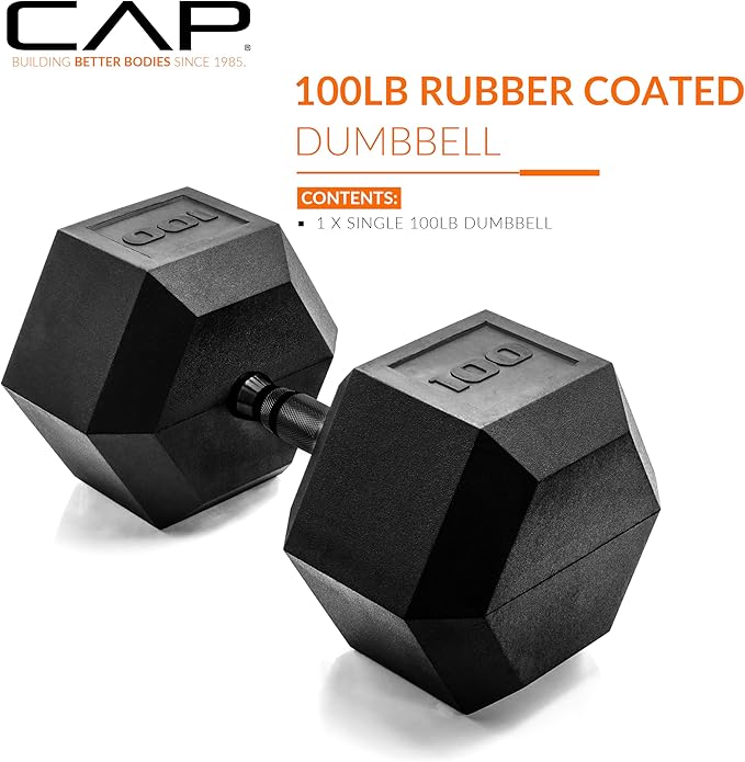 CAP Rubber Coated Dumbbell Weights, Free Weights for Home Gym Strength Training, Anti-Roll Hex Dumbbells with Black, Chrome & Comfort Grip Handles, Singles