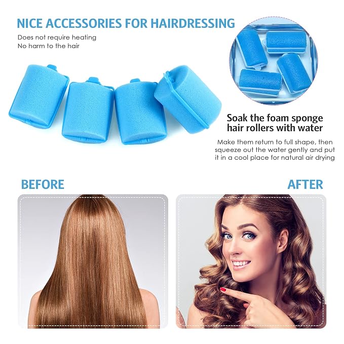 Syhood 12 Pcs Jumbo Foam Sponge Hair Rollers 1.89 Inch Soft Sleeping Curlers Flexible Large Foam Rollers and Rat Tail Comb for Hair Styling(Blue)