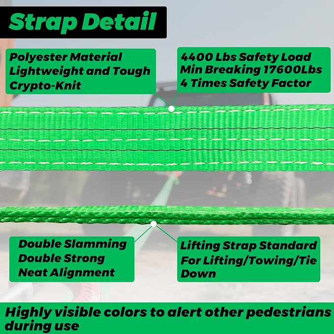 HENBOW Heavy Duty Flat Lift Sling with D Ring Shackle,8'X2 Lift Sling Straps 4400 lbs Safety Load，Web Sling for Hoist Car Tree Saver Winch Recovery