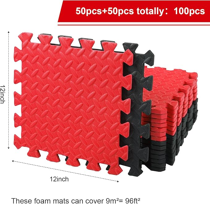 Ecally 100 Pcs 12 x 12 Gym Mat Foam Floor Mats for Home Gym Covers 96 Sq Ft Puzzle Exercise Square Interlocking Carpet Tiles with Border for Workouts Equipment Yoga Pilates (Black,Red)