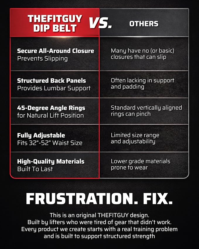 THEFITGUY Original Dip Belt with Strap for Dips, Pull-Ups, Squat Attachment | Secure hook-and-loop closure, structured back support, 45-degree D-rings, 40in strap, 2 hooks, up to 250lb