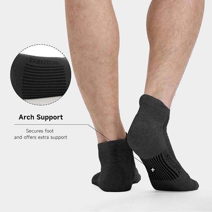 BAMBOO COOL Men's Ankle Socks Moisture Wicking Breathable Odor Control Athletic Cushioned Running Socks Arch Support 8 Pack