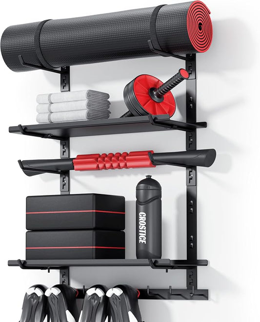 Home Gym Wall Storage Shelf, 2 Boards & 4 Adjustable Holders Sets | 2 boards, gym wall storage shelf with 4 adjustable holder sets and 8 hooks for mats, bands, shoes and workout gear