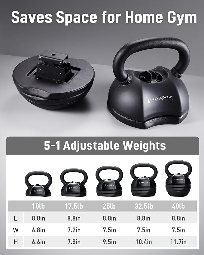 BYZOOM FITNESS Pure Series Adjustable Kettlebell 30/40/50LB - 5-IN-1 Weight Change, Patented Quick-Change Machenism, Ergonomic Curved Handle for Home Gym, Strength Training, HIIT, White OR Black