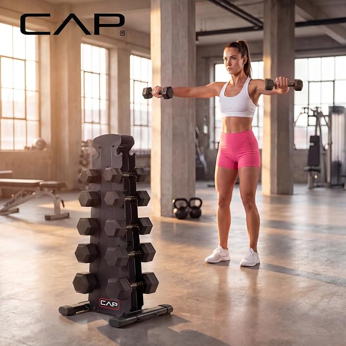 CAP Rubber Coated Hex Dumbbell Set with Storage Rack | 100–210 lb Options, Space-Saving Vertical Compact Storage for Home Gym Strength Training