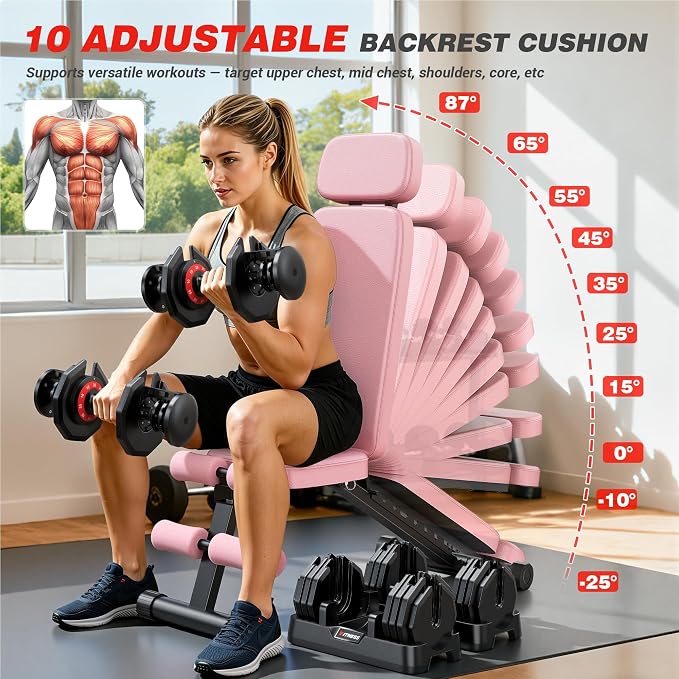 XDDIAS Workout Bench, 10 Backrests Adjustable Weight Bench with Extended Headrest, 800LBS Foldable Weight Bench for Home Gym, Incline Decline Flat Bench Compact for Small Space Training