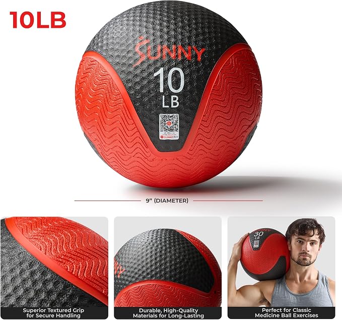 Sunny Health & Fitness 10 LB Medicine Ball with Premium Dual Textured Grip | 4-30LB Weighted Rubber Medicine Ball, Bouncing Wall Ball, Slam Ball Workouts, Throws Squats Core Strength Training