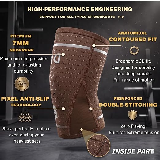 Knee Sleeves 7mm for Weightlifting, Squats, Fitness, Powerlifting, with Advanced 2025 Anti-Slip Design, Premium Neoprene, Constant Compression Brace, Gym Training Support - 1 PAIR - Men Women – DEVI (Brown, Large)