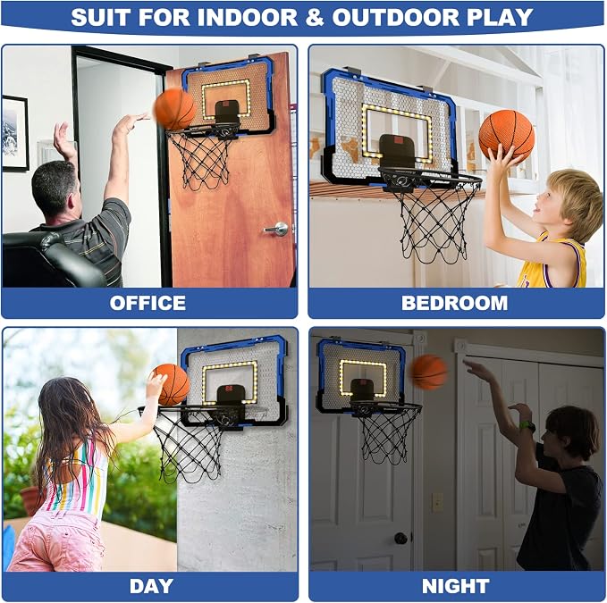 QDRAGON Mini Basketball Hoop with Scoreboard & LED Lighting | Over The Door Indoor, with 3 Balls/Inflator/Breakaway Rim, Basketball Toy Gifts for Kids Adults, Suit for Bedroom/Office