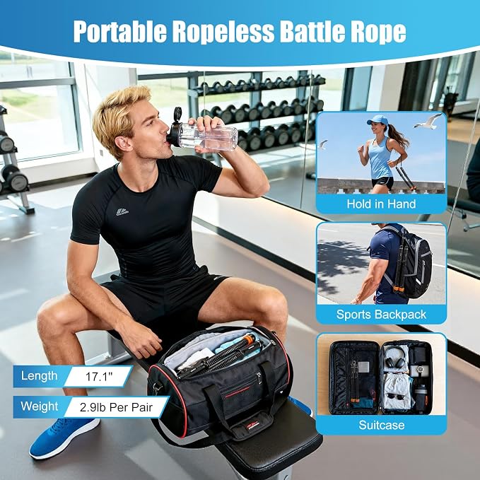 Weighted Ropeless Battle Ropes Adjustable Weight - Portable Cordless Battle Ropes for Home Gym with Poster - Strength Building, HIIT and Low-Impact Aerobic Training for Men & Women (Black)