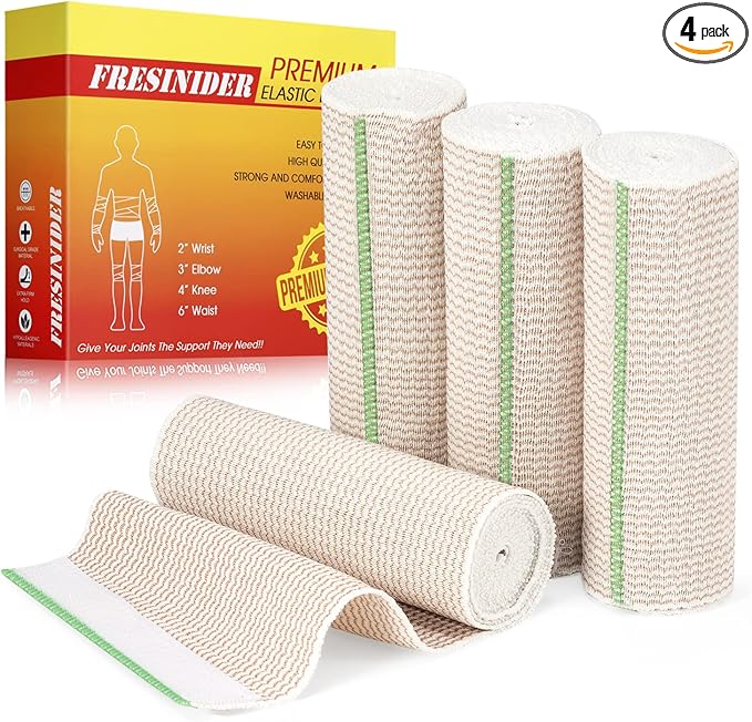 FRESINIDER Premium Elastic Bandage Wrap 6 Inch, 4 Pack, Hook and Loop | Extra-Wide 6-Inch Cotton Compression Wrap for Thigh, Shoulder and Large Leg; Secure Ends for Swelling and Injury Recovery.