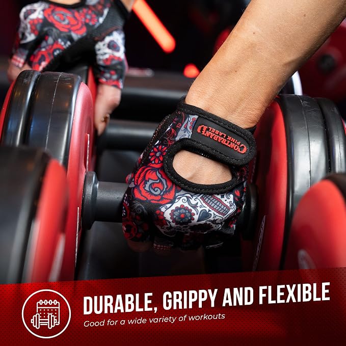 Contraband Pink Label 5237 Womens Designer Workout Gloves | Sugar Skull Print w/Grip-Lock™ Padding (Red, Medium)