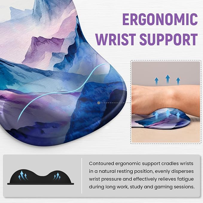 Ergonomic Mouse Pad with Wrist Rest, Gel Wrist Support, Peaks | 10.2 x 7.6 in Mouse Pad with Smooth Fabric Surface and Non-Slip Rubber Base for Office, Home, Study, and Gaming