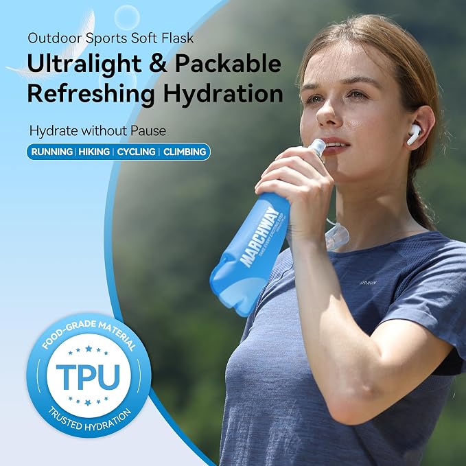 MARCHWAY Soft Hydration Flask with Wide Mouth, 300ml/500ml Collapsible TPU Water Bottle, Leakproof Portable Flexible for Running, Hiking, Cycling, Climbing, Gym, Travel (2pcs Dark Blue 300ml)