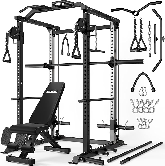 DP01 Power Cage, 2000LBS Squat Rack with Cable Crossover and Dual Independent Pulley System, Full Cage for Full Body Training, Power Rack with More Training Attachments for Home Gym