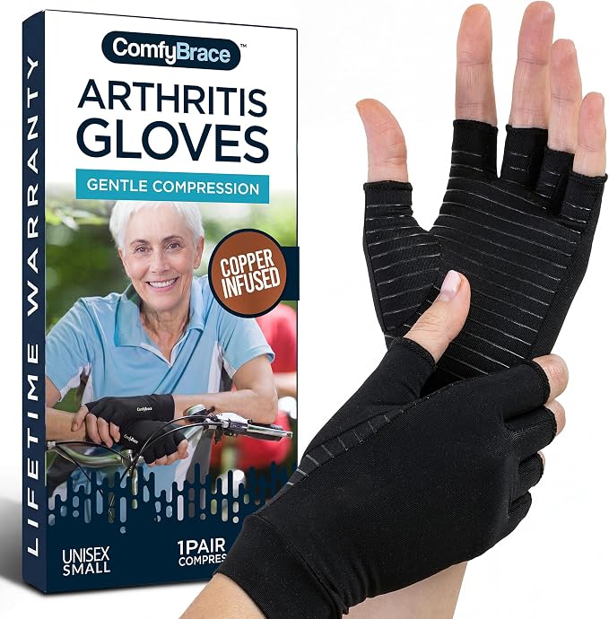 ComfyBrace Copper Arthritis Gloves, Hand Compression Gloves for Women & Men | Fingerless compression gloves for swelling, carpal tunnel, trigger finger, tendonitis and rheumatoid arthritis pain relief