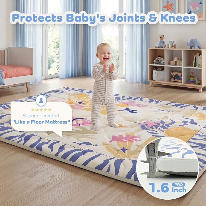 1.6" Thick Baby Play Mat, 71x59 Removable & Machine Washable Cover | Padded Memory Foam, Non-Slip Backing, 100% Baby-Safe Materials, Tummy Time Crawling, Outdoor, Bedroom, Living Room, Nursery