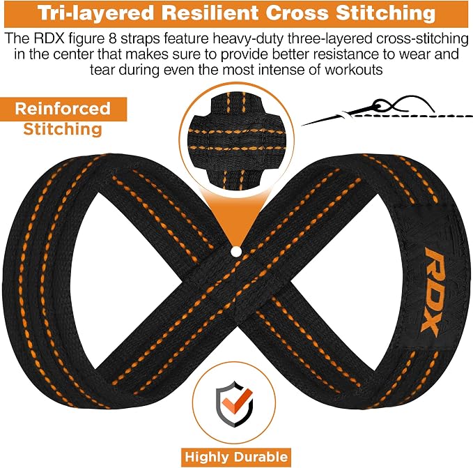 RDX Weight Lifting Straps Figure 8, Anti Slip Strap with Cuffs Wrist Support for Gym Workout Deadlift Powerlifting Bodybuilding Weightlifting, Fitness Strength Training, Hand Bar Grip for Men