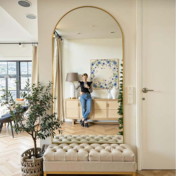 Floor Mirror, 78"x38" Oversized Full Length Mirror with Stand, Arched Full Body Mirror Standing Hanging Leaning Against Wall, Aluminum Frame Giant Mirrors for Bedroom Cloakroom, Gold