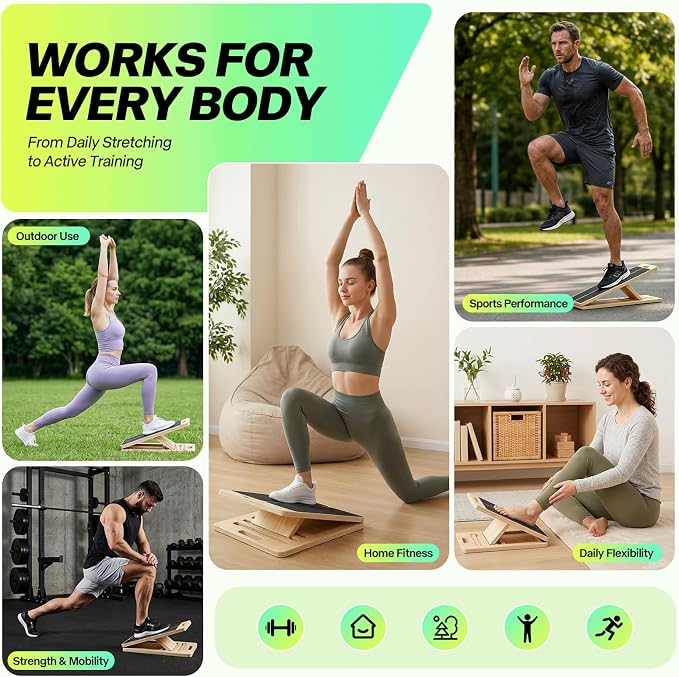 Wooden Slant Board for Calf Stretching – Adjustable Incline Board for Squats, Ankle & Achilles Stretch, Physical Therapy Foot Stretcher, Non-Slip Wedge for Knees Over Toes, Balance & Mobility Training