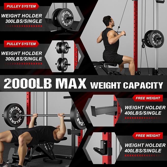 JELENS C21 Power Cage, 2000LBS Multi-Function Power Rack with Independent Dual Pulley System, All-in-One Squat Rack for Cable Crossover, Home Gym Workout Machine