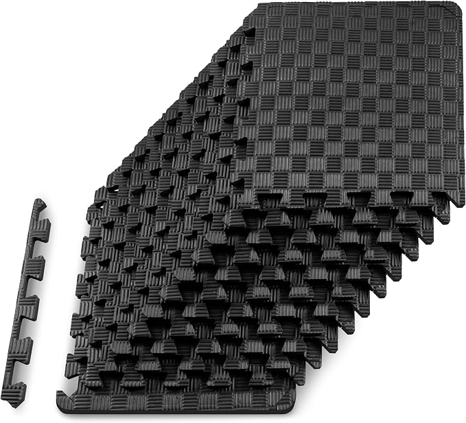 ProsourceFit Exercise Puzzle Mat ½-inch, Checkered EVA Foam Floor Tiles w/ Non-Slip Texture, Interlocking Design for Adjustable Gym Surfaces, Shock Absorbing, Black, 12 SQ FT - 12 Tiles