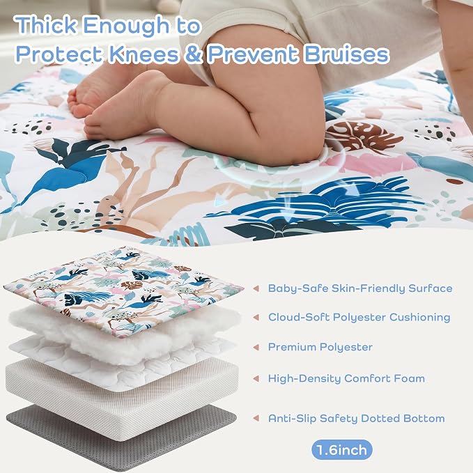 1.6" Thick Baby Play Mat, 50x50 Removable & Machine Washable Cover | Padded Memory Foam, Non-Slip Backing, 100% Baby-Safe Materials, Tummy Time Crawling, Outdoor, Bedroom, Living Room, Nursery