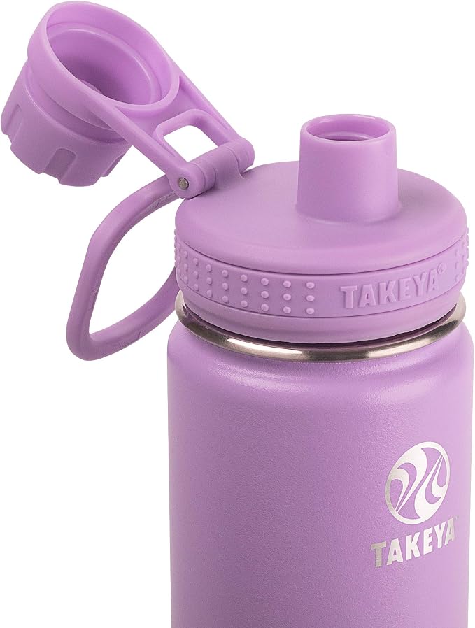 Takeya Actives Stainless Steel Water Bottle, Insulated Spout Lid, Keeps Drinks Cold 24 Hrs, Leakproof, Durable, Dishwasher Safe, Ideal for Gym, Travel, Fits Most Cup Holders, 24 oz/Lilac
