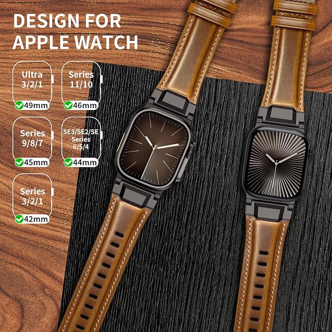 Bands Compatible with Apple Watch Ultra 3/2/1 Band 49/46/45/44mm | Genuine Leather Metal Connector Strap for iWatch Ultra Series 11/10/9/8/7/SE/6/5/4/3/2/1, Brown/Black