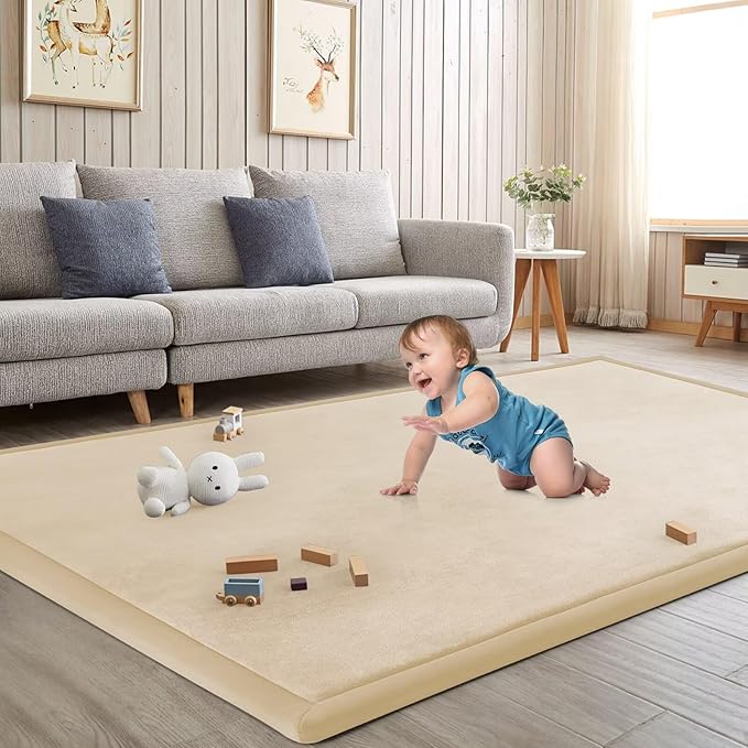 Baby Play Mat for Floor Nursery Rug Muscle Mat Area Rug Playroom Rug 39"x59" Playpen Mat Elastic Foam 1.3" Thick Crawling Mat for Babies,Toddlers, Infants, Kids,A Beige