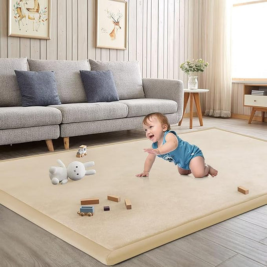 Baby Play Mat for Floor Nursery Rug Muscle Mat Area Rug Playroom Rug 39"x59" Playpen Mat Elastic Foam 1.3" Thick Crawling Mat for Babies,Toddlers, Infants, Kids,A Beige