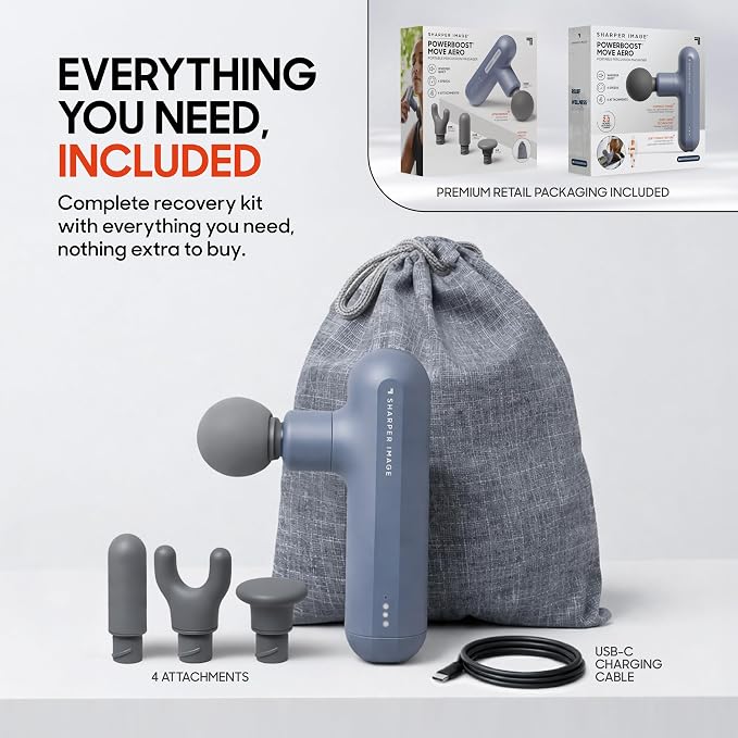 Sharper Image Powerboost Move Aero [New 2026 Version] Mini Deep Tissue Percussion Massage Gun| Muscle Recovery & Pain Relief Massage Tool| Full Body Back & Shoulder Massager| Travel Gift for Men Women