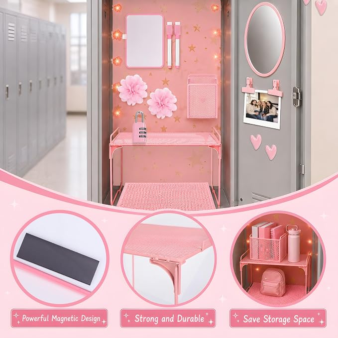 16 PCS Locker Accessories for Girls Magnetic Locker Decorations Kit with Shelf Mirror Whiteboard Pen Holder Rug Wallpaper Lights Locker Organizer Set for School Dorm Room Office Gym (Pink)