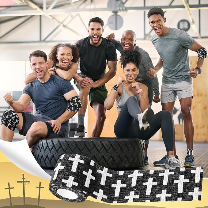 Geiserailie 12 Pack Christian Athletic Tapes 2 Inch x 5 Yards Self Adhesive Bandages Sports Wraps Breathable Elastic Wrap Non Woven Bandage for Wrist, Ankle, Baseball Football(Black)
