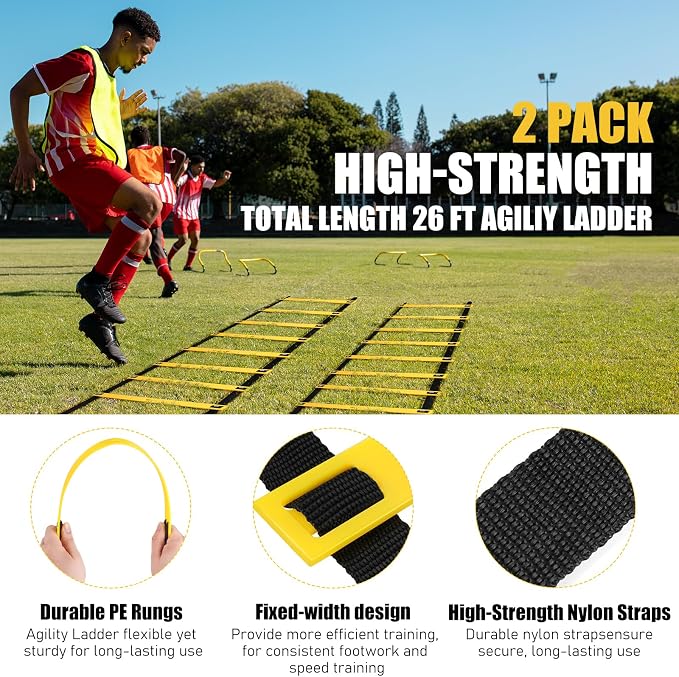 BORNEW 2 Pack Agility Ladder, Soccer Speed Training Equipment Set with Total 26 ft Agility Ladder, 12 Cones, 4 Adjustable Hurdles, Jump Rope, for Soccer, Basketball, Football, Kids, Youth, Adults