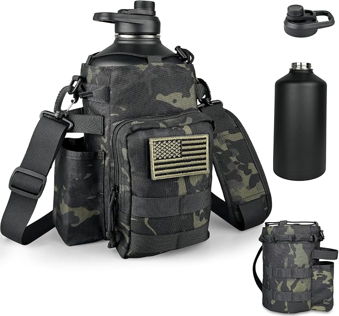DEFUNX 1 Gallon Water Bottle Insulated with Sleeve - Tactical 128 oz Stainless Steel Water Jug with MOLLE Water Bottle Pouch, Large Gym Water Bottles for Men Hiking Workout (Black Camo)