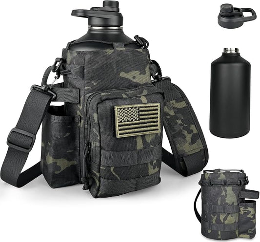 DEFUNX 1 Gallon Water Bottle Insulated with Sleeve - Tactical 128 oz Stainless Steel Water Jug with MOLLE Water Bottle Pouch, Large Gym Water Bottles for Men Hiking Workout (Black Camo)