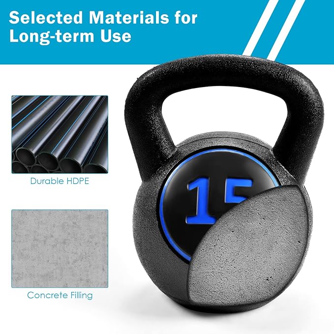 Goplus 3 Pieces Kettlebell Set, 5, 10, 15 lbs HDPE Coated Concrete Fitness Kettle Bells w/Easy Grip Wide Handle, Home Gym Exercise Weights HIIT Workout, Weightlifting, Strength Training, Conditioning