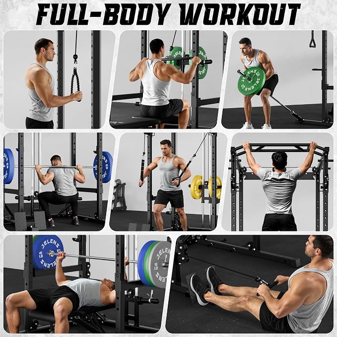 JELENS C12 Power Rack, 2000LBS Squat Rack with Cable Crossover System, Workout Cage with More Training Attachments for Home Gym